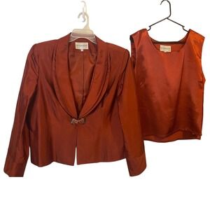 Lily & Taylor Women 16 100% Silk Cocktail Jacket Shell Set Red Rhinestone Vtg